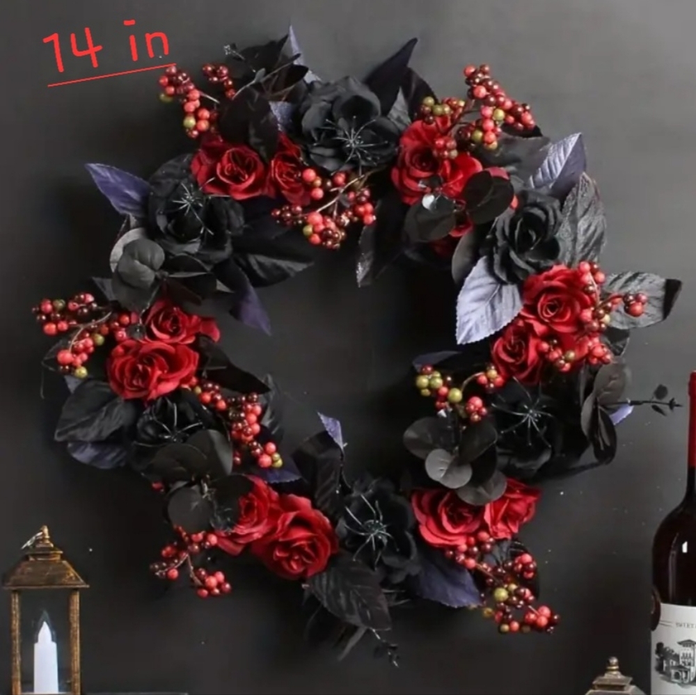Halloween Rose and Spider 14 in Handmade Wreath.